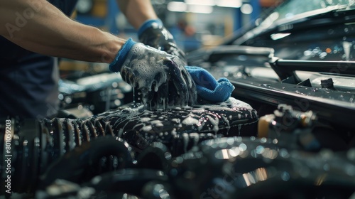 Car engine bay being cleaned with a soapy sponge. photo