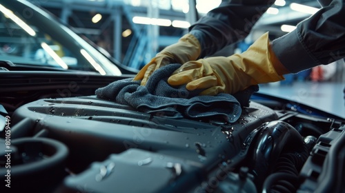 A mechanic in yellow gloves carefully wipes down a car engine with a microfiber cloth. photo