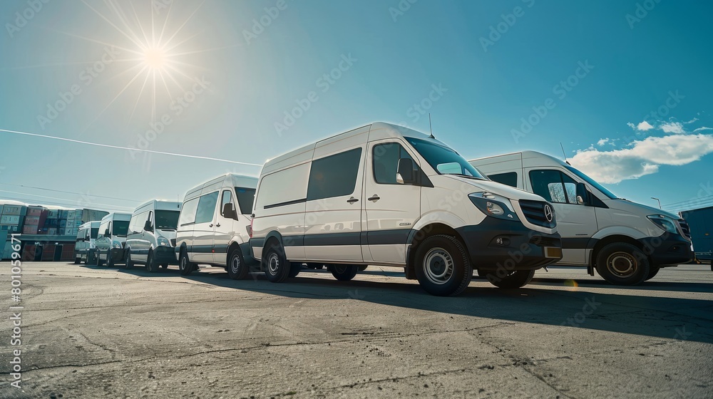 Several white delivery vans lined up in a row on a sunny summer day