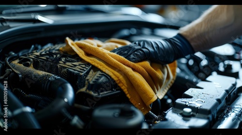 A mechanic in black gloves is wiping the engine of a car with a yellow cloth. photo