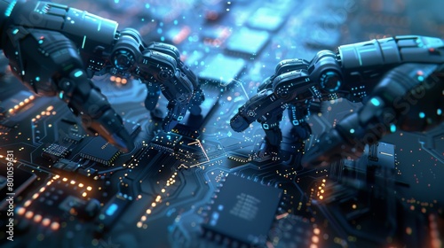 AI-Driven Precision: Robotic Arms Using Artificial Intelligence to Assemble Microchips on Circuit Boards, Enhanced with a Futuristic Blue-Toned Illustration