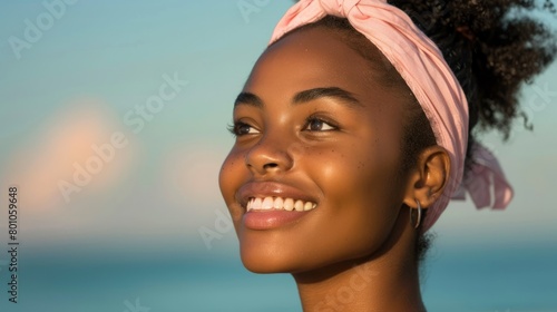 A young African American woman smiles brightly at the camera while wearing a pink headband photo