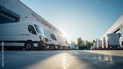 A row of white delivery vans parked next to each other on a sunny day