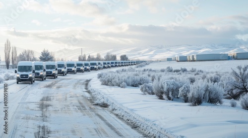 A line of trucks driving down a snow-covered road in a winter landscape