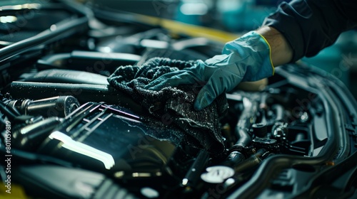 A close up of a mechanic's hand cleaning an engine with a rag.