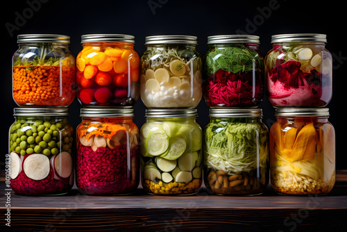 Jars with variety of pickled vegetables. Preserved food concept.