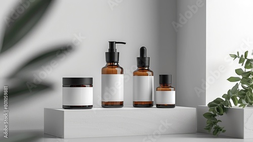 Minimalistic cosmetics products bottles and tubes mockup with blank labels, natural organic skincare cosmetic, background with copy space, AI generated image