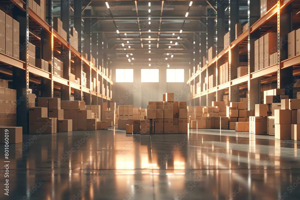 Sunlight streaming through a warehouse reveals neatly stacked boxes in an organized storage facility during the late afternoon Sunlight streaming through a warehouse reveals neatly stacked boxes in an organized storage facility during the late afternoon