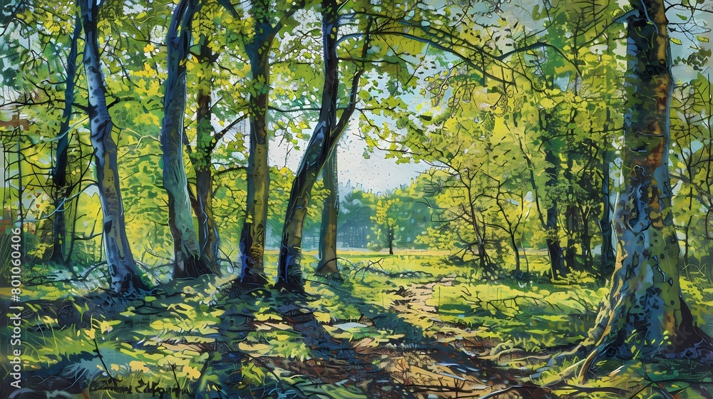 spring trees in the morning light oil painting illustration poster background