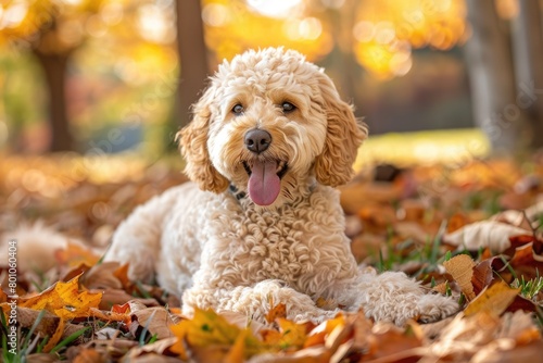 Golden Fluffy Labradoodle Dog Laying outside in Fall Season: Adorable Cream Curly Haired Breed