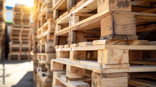 Stacked wooden pallets ready for use in the warehouse or factory