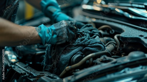 A mechanic wearing blue gloves is wiping an engine with a rag.