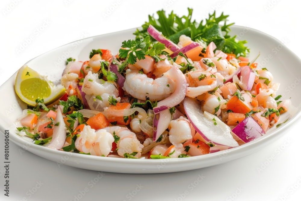Isolated White Sea Bass Ceviche, a Typical Peruvian Dish with Seafood Flavors from Peru