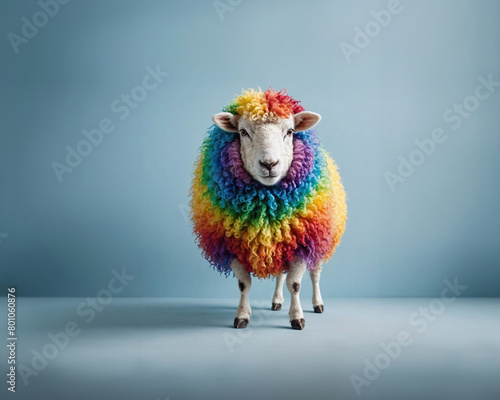 Un mouton arc-en-ciel, concept être différent, penser différemment, sortir du lot, être original, isolé sur fond bleu © CURIOS