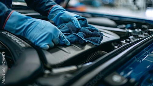 Car mechanic in blue gloves cleaning automobile engine with rag photo