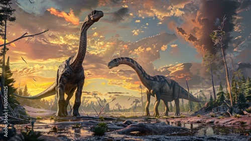 Two dinosaurs are walking in a forest near a body of water