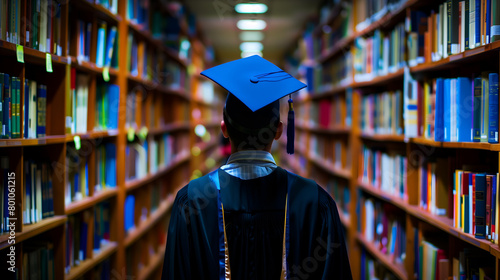 Back view of a male graduate in a graduation cap and gown standing in a library