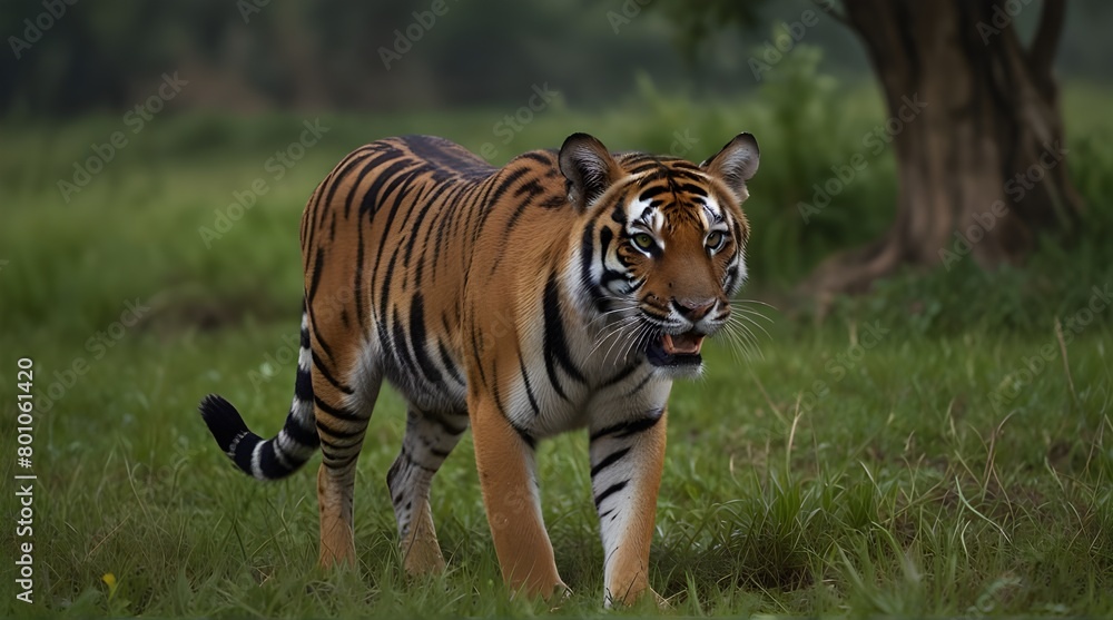 Obraz premium wild royal bengal tiger with spotted deer kill in his mouth or jaws with eye contact in natural green field of terai region forest at uttarakhand india.generative.ai 