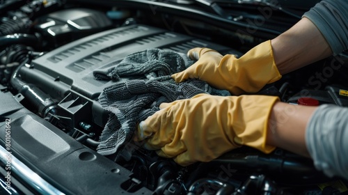A mechanic wearing yellow gloves is cleaning a car engine with a rag.