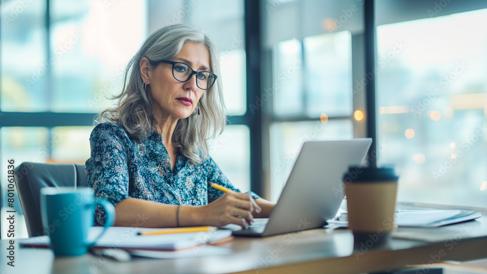 Fototapeta premium A senior woman executive multitasking with digital tools, exemplifying efficiency and technology in business