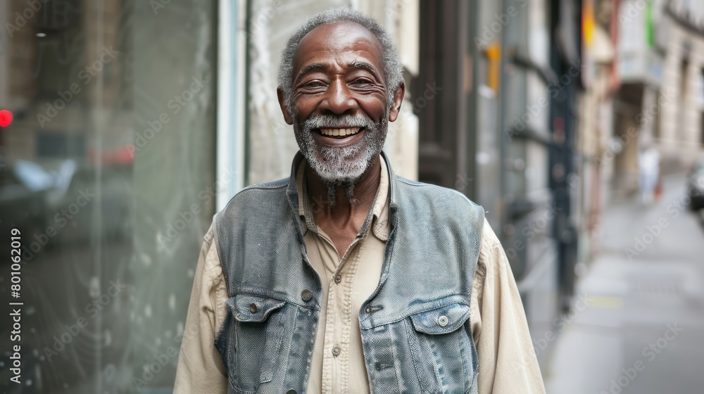 African-American senior man portrait, elderly black male model dressed in casual simple clothes, everyday looking, background with street view, different people and diversity, AI generated image African-American senior man portrait, elderly black male model dressed in casual simple clothes, everyday looking, background with street view, different people and diversity, AI generated image