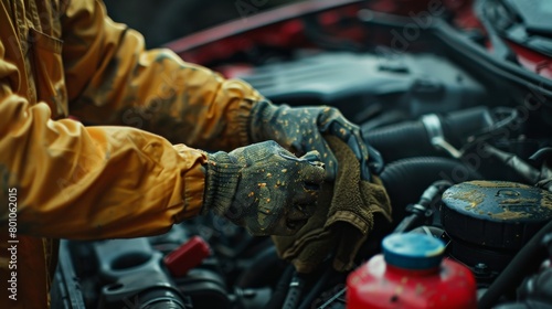 A mechanic in yellow coveralls and gloves works on a car engine