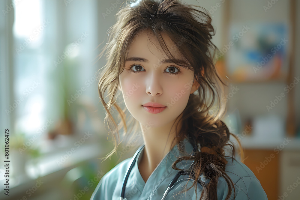 Portrait of a Young Nurse in Blue Uniform