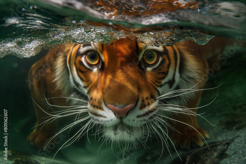 A close-up photo of a tiger swimming underwater.