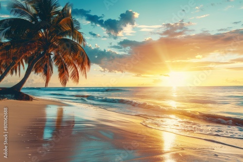 Sunset on the beach with palm trees and golden sand © wanna