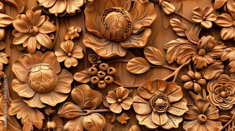 Fototapeta premium Wooden carving texture, carved Chinese motifs with flowers, leaves and abstract shapes and texture, organic shapes, natural eco color palette, AI generated