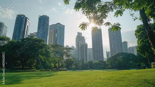A park in the middle of a city with skyscrapers