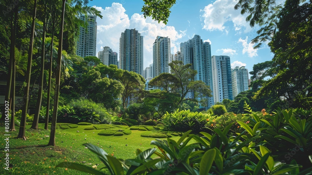 Cityscape of a modern city with skyscrapers and lush greenery