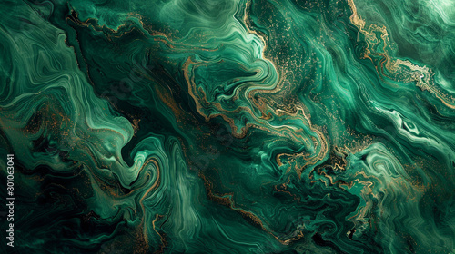 An abstract ocean scene blending deep emerald green swirls reminiscent of marble  with rich bronze powder accents  