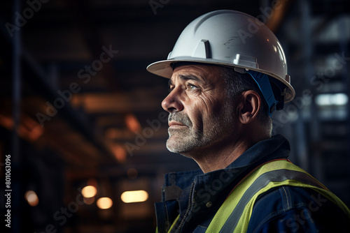 Generative AI picture Portrait of construction worker wearing a protective safety uniform clothes helmet at big building © Tetiana