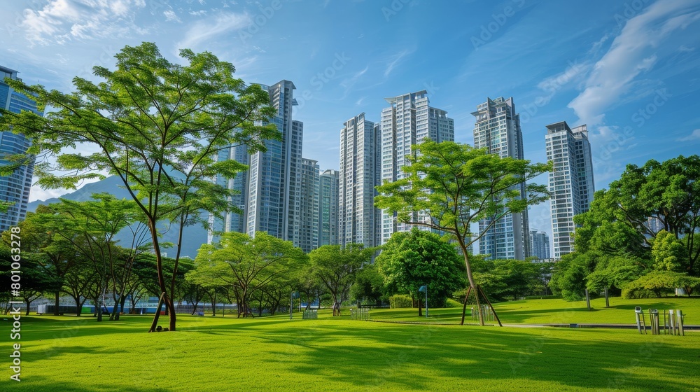 City park with lush green trees and modern buildings in the background