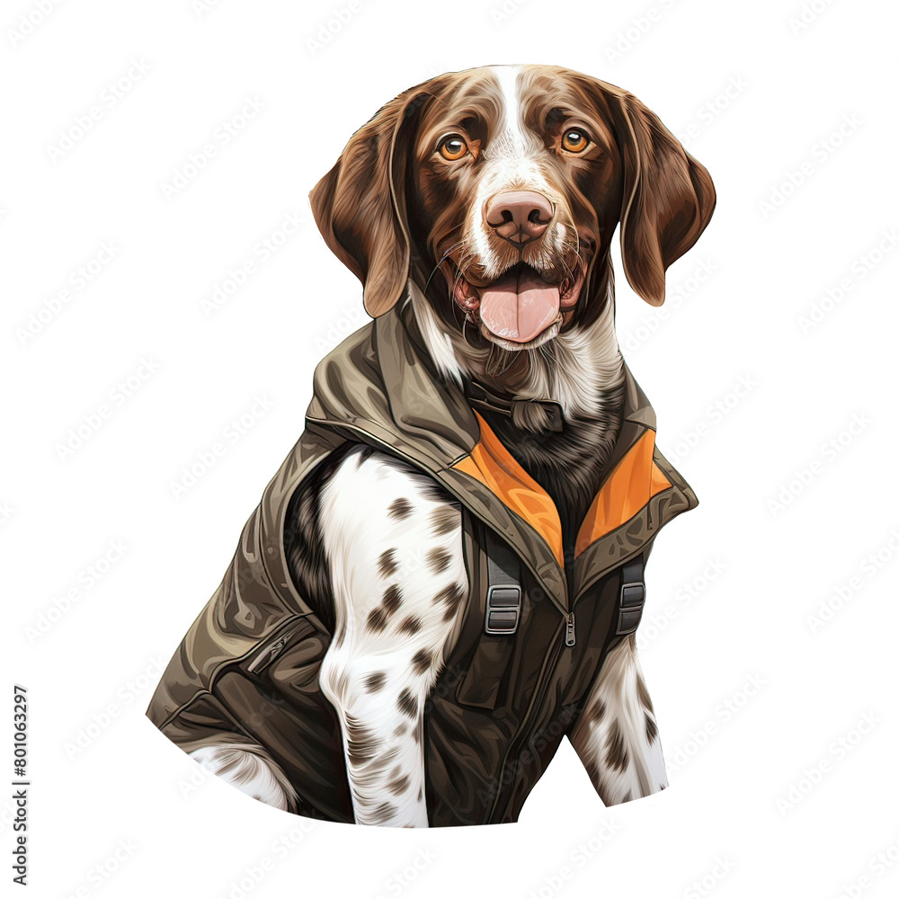 Cartoon Pointer in a hunting vest isolated on Transparent Background. AI generative