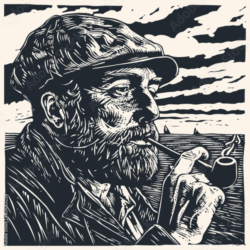 An old fisherman in a cap smokes a pipe against the backdrop of the sea and stormy sky, vector illustration