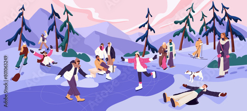People have fun in winter outdoor panorama. Happy kids on holiday activities with sleigh on snow hill. Men and women skating on frozen river, skiing, walking around firtrees. Flat vector illustration