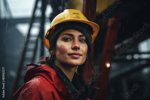 Generative AI picture Portrait of construction worker wearing a protective safety uniform clothes helmet at big building