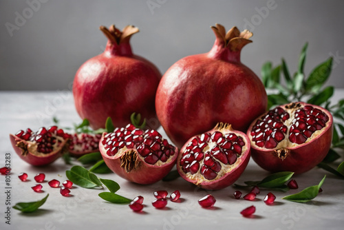 Pomegranate ai generated. Pomegranate fruit with seeds and leaves. Pomegranate background. Generative AI. © Tim UR