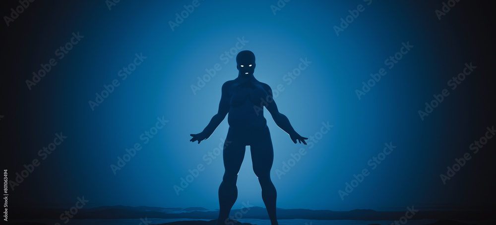 Woman silhouette dark paranormal figure blue black foggy background golem alien 3d illustration render digital rendering