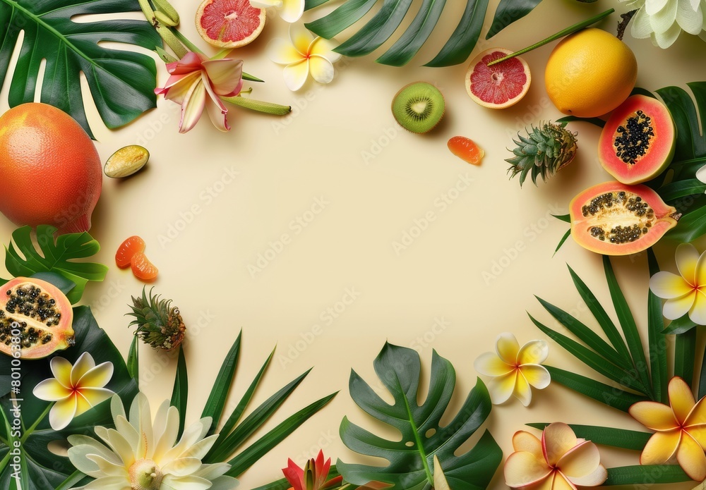 Summer tropical background with fruits, leaves, flowers casting light shadows. Summer tropical background with fruits, leaves, flowers casting light shadows.