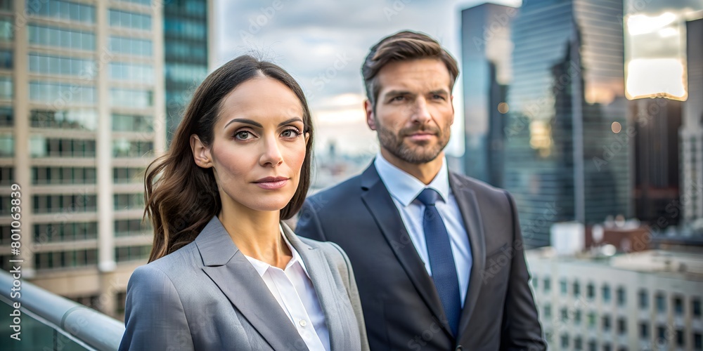 Businessman woman and man near offices in suits at work labor day Businessman woman and man near offices in suits at work labor day
