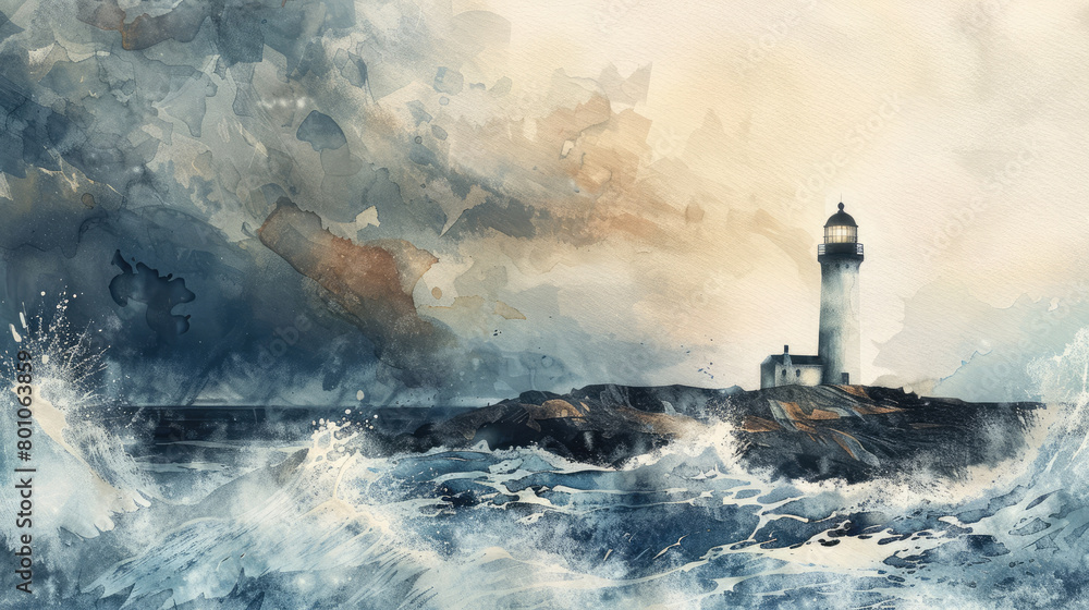 Watercolor painting depicting a lighthouse on a rugged coastline with crashing waves and a stormy sky