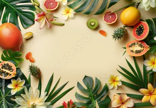 Summer tropical background with fruits, leaves, flowers casting light shadows.