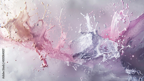 An explosion of pastel paint splashes against a soft gray background, creating an abstract scene of gentle chaos. The delicate colors mix slightly, producing a dreamy, ethereal effect. photo