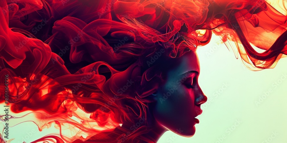 Profile of a woman with flowing red hair seamlessly transitioning into smoke against a dark background, evoking a sense of mystery.