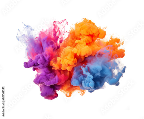 A vibrant burst of colored inks diffusing in water, creating an abstract cloud on a transparent background. Generative AI