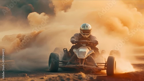 A thrilling scene of a mountain kart speeding along a dusty track at sunset. The racer, equipped with a helmet, maneuvers with intense focus and speed. 4k video footage photo