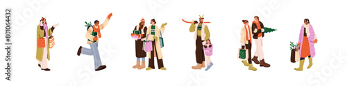 Happy people prepare for New Year set. Young men and women shopping, buy Xmas gifts. Couple carry Christmas tree. Friends hold bags with presents. Flat isolated vector illustration on white background